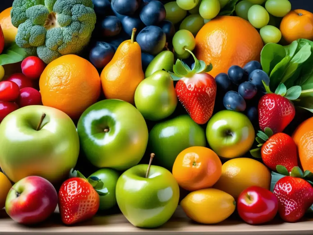 Una exuberante exhibición de frutas y verduras frescas, resaltando sus colores y texturas para promover una alimentación rica en vitaminas y minerales.