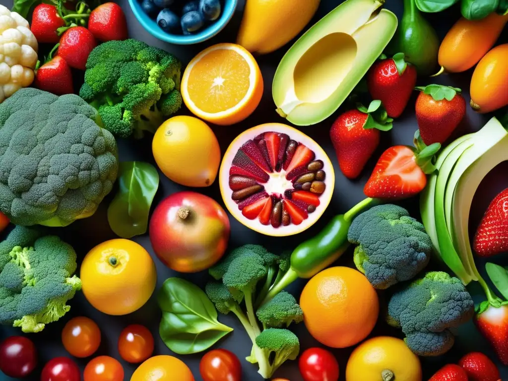 Una exuberante exhibición de frutas y verduras, ricas en hierro para prevenir anemia, evocando una dieta equilibrada y saludable para adultos mayores.
