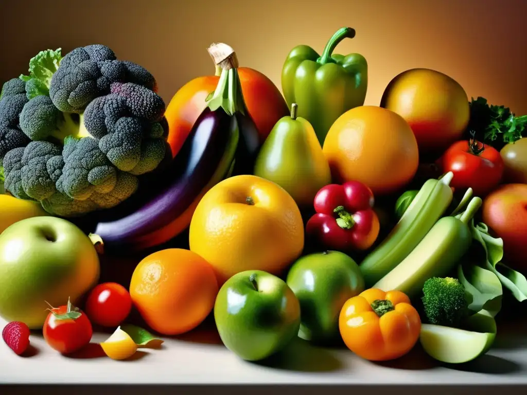 Una exuberante exhibición de frutas y verduras frescas, coloridas y detalladas, evocando vitalidad y nutrición.
