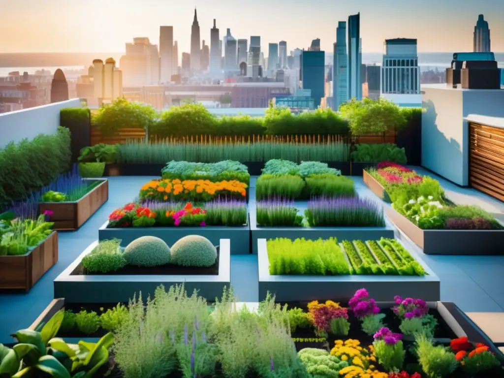 Una exuberante huerta urbana en el corazón de la ciudad. Agricultura biodinámica en la ciudad: un oasis verde en contraste con el paisaje urbano.