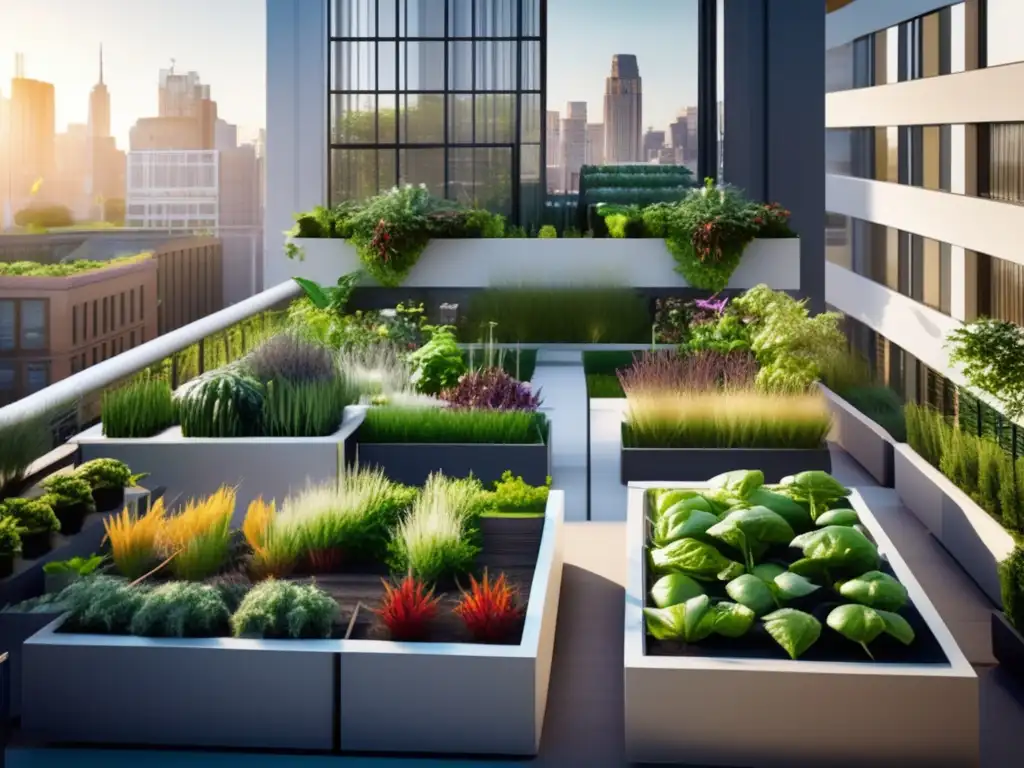 Jardín urbano moderno: verdor vibrante y diseño contemporáneo Un exuberante huerto urbano orgánico en la ciudad, con vegetales y frutas en macetas y jardineras verticales, en un oasis moderno entre rascacielos.