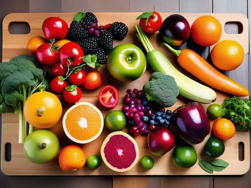 Una exuberante variedad de frutas y vegetales frescos, cuidadosamente dispuestos en una tabla de cortar de madera. <b>Alimentación para combatir estrés.