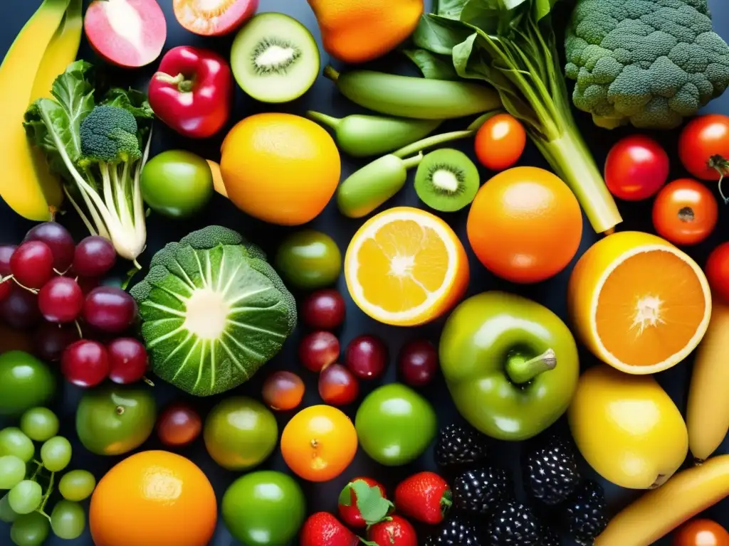 Una exuberante variedad de frutas y vegetales frescos, con colores vibrantes y gotas de agua, para prevenir hemorroides a través de la alimentación.