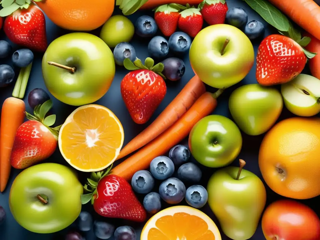 Una exuberante variedad de frutas y verduras frescas, resaltando la importancia de los antioxidantes en los alimentos.