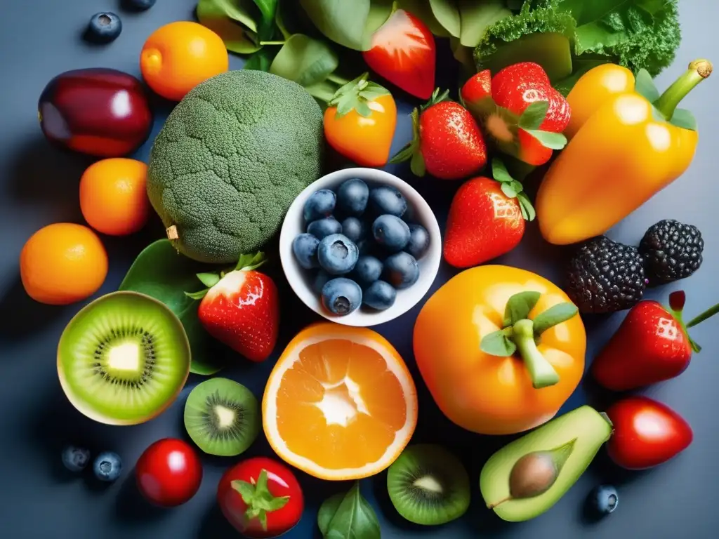 Una exuberante variedad de frutas y verduras frescas, mostrando vitalidad y bienestar. <b>Prevención de anorexia pediátrica.