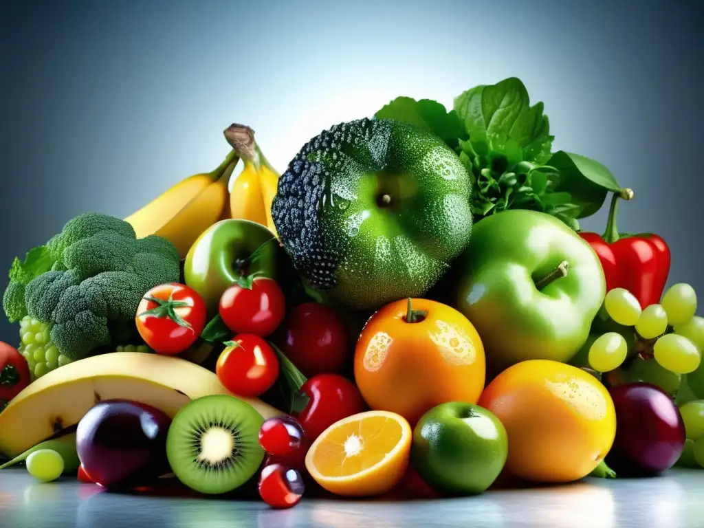 Una exuberante variedad de frutas y verduras frescas, con colores vibrantes y texturas nítidas, emitiendo una apelación apetitosa. <b>Prevención de la obesidad infantil.