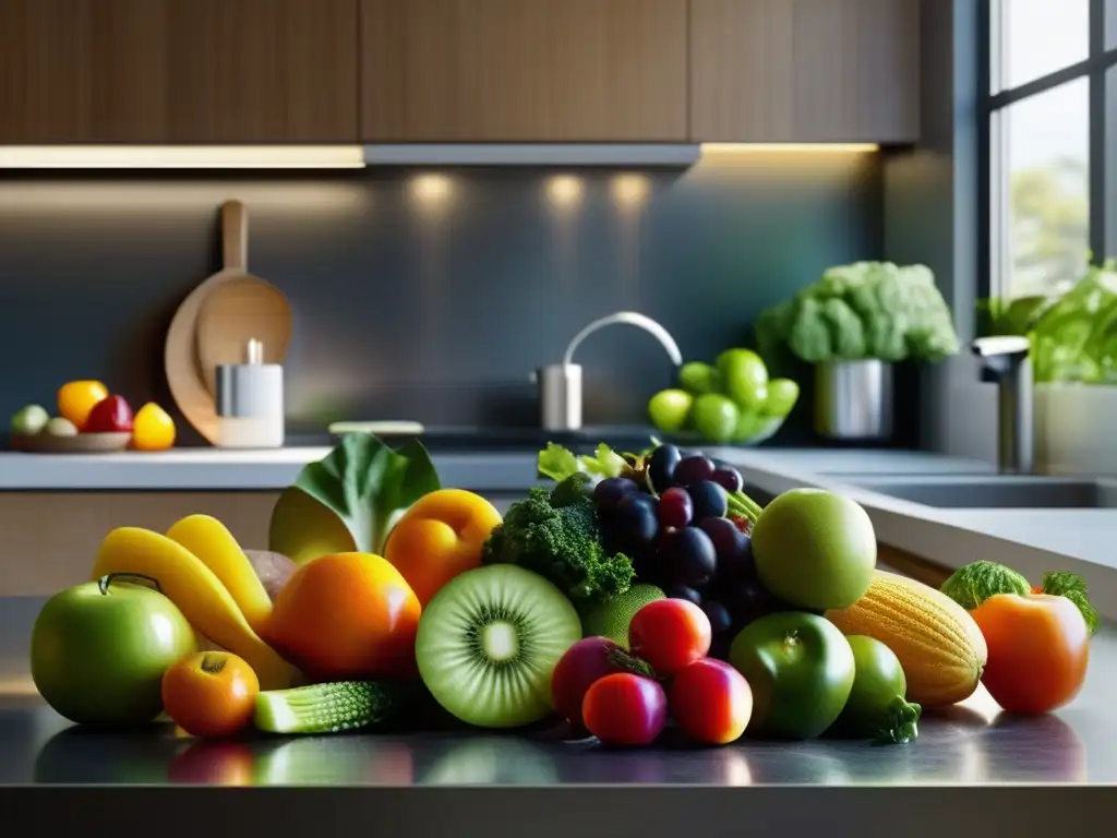 Una exuberante variedad de frutas y verduras frescas, lavadas y brillantes en una encimera de cocina moderna. <b>La luz natural resalta los detalles.</b> <b>Prevención degeneración macular edad.