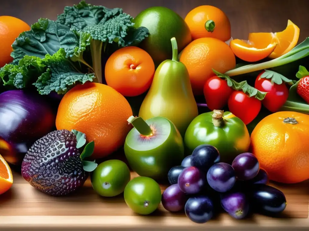 Una exuberante variedad de frutas y verduras frescas en un tablero de madera. <b>Beneficios de la fibra para la digestión presentes en la imagen.