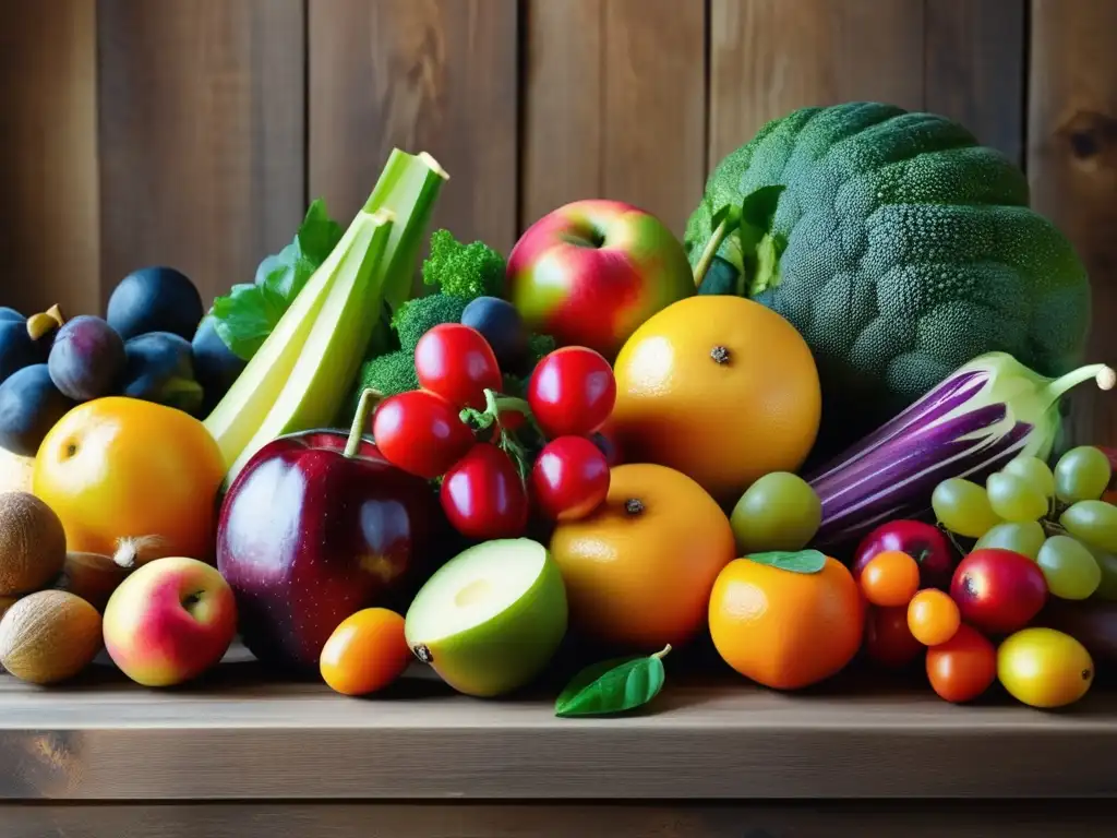 Una exuberante variedad de frutas y verduras frescas se exhibe artísticamente en una mesa de madera rústica, bañada por la suave luz natural. Perfecta para ilustrar un artículo sobre nutrición para surfistas y deportes acuáticos.