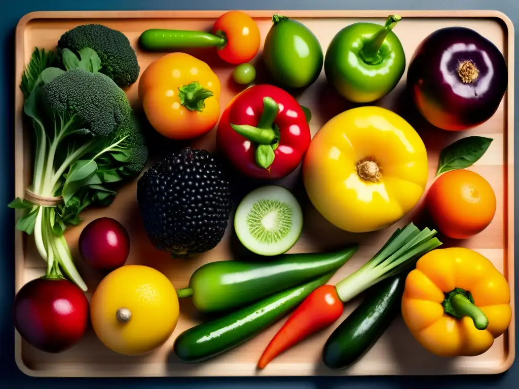 Una exuberante variedad de frutas y verduras frescas, con gotas de agua brillante. <b>Alimentos ecoamigables para dieta saludable.