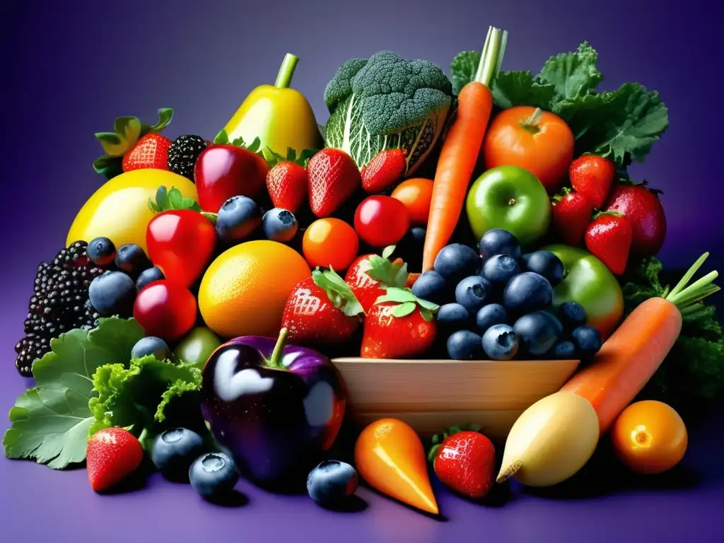 Una exuberante variedad de frutas y verduras frescas, con agua brillante sobre sus superficies. <b>Alimentación adecuada antes cirugía bariátrica.