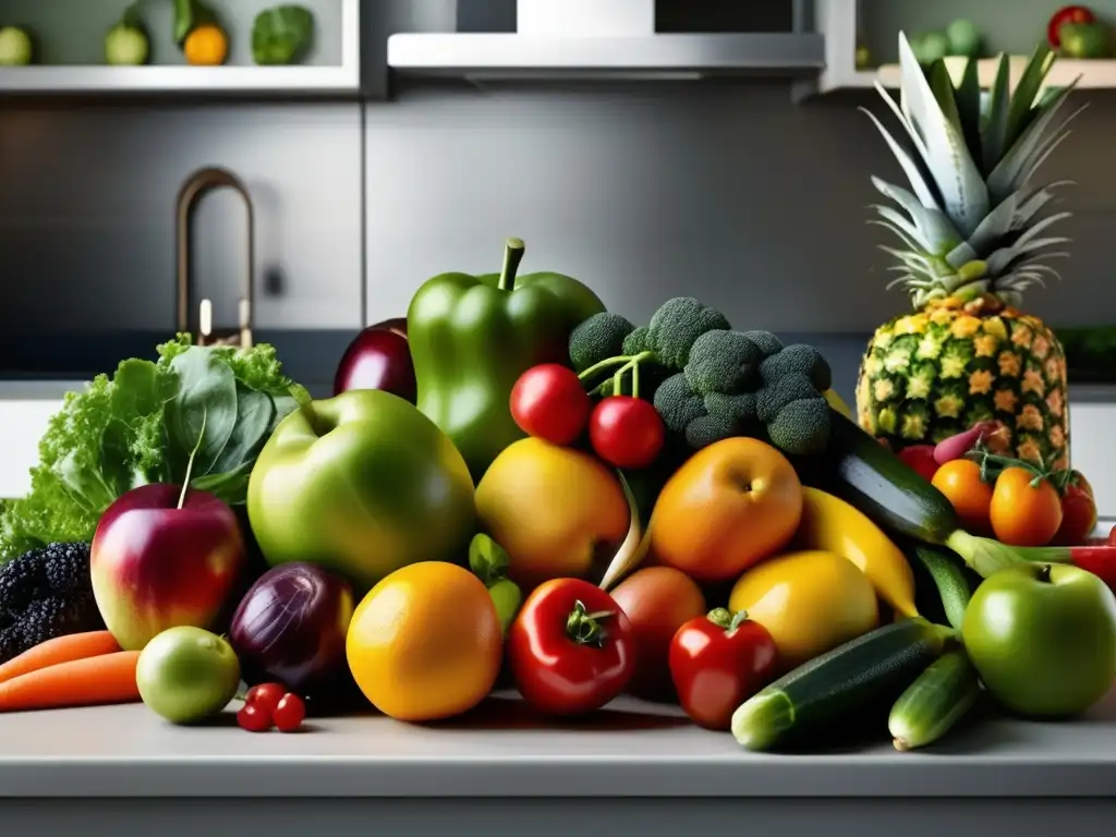 Una exuberante variedad de frutas y verduras frescas, meticulosamente dispuestas en una cocina moderna. Los colores vibrantes y las texturas crean una composición visual impresionante, bañada por la suave luz natural. Cada detalle de la fruta y la verdura está meticulosamente detallado, mostr