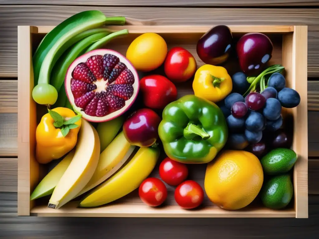 Una exuberante variedad de frutas y verduras frescas, colores vibrantes en una caja de madera. <b>Celebración de opciones saludables para diabéticos.