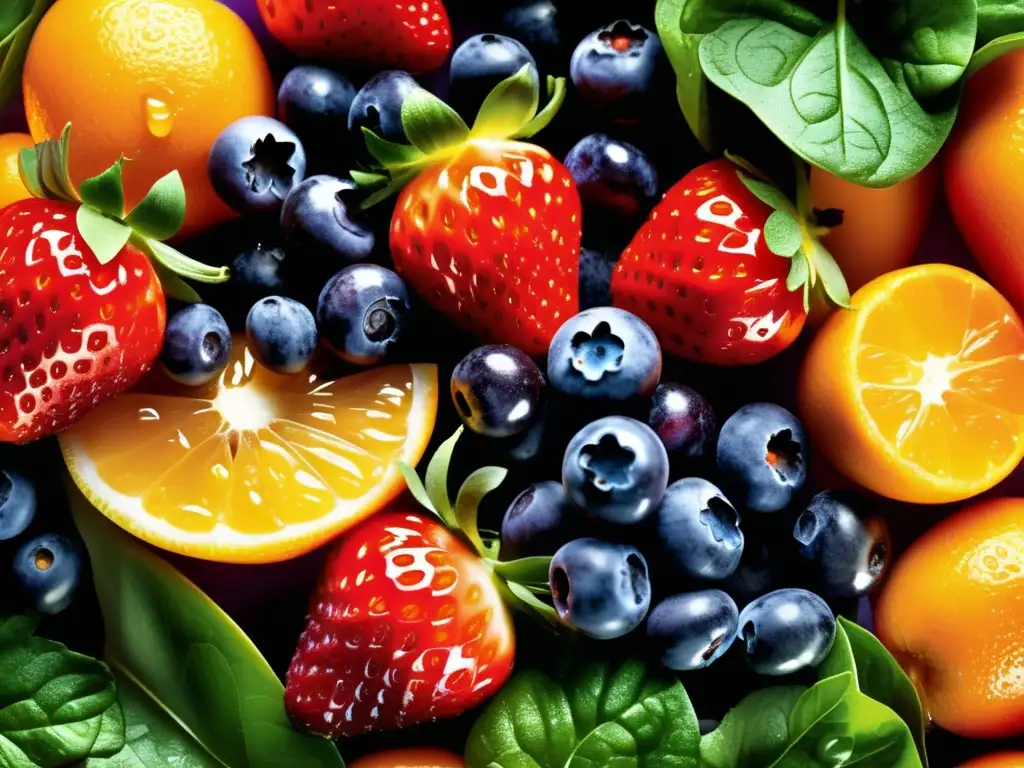 Una exuberante variedad de frutas y verduras frescas, con fresas rojas, arándanos azules, espinacas verdes y naranjas jugosas. <b>La imagen muestra la frescura y vitalidad de los alimentos, promoviendo la prevención del cáncer gastrointestinal a través de una alimentación saludable.