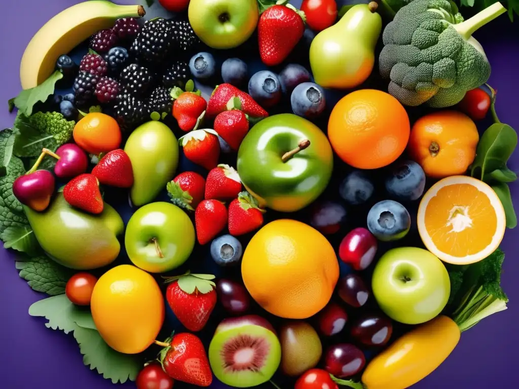 Delicioso mosaico de frutas y verduras frescas Una exuberante variedad de frutas y verduras en un patrón circular, resaltando la biodiversidad alimentaria para mejorar la dieta y el planeta.