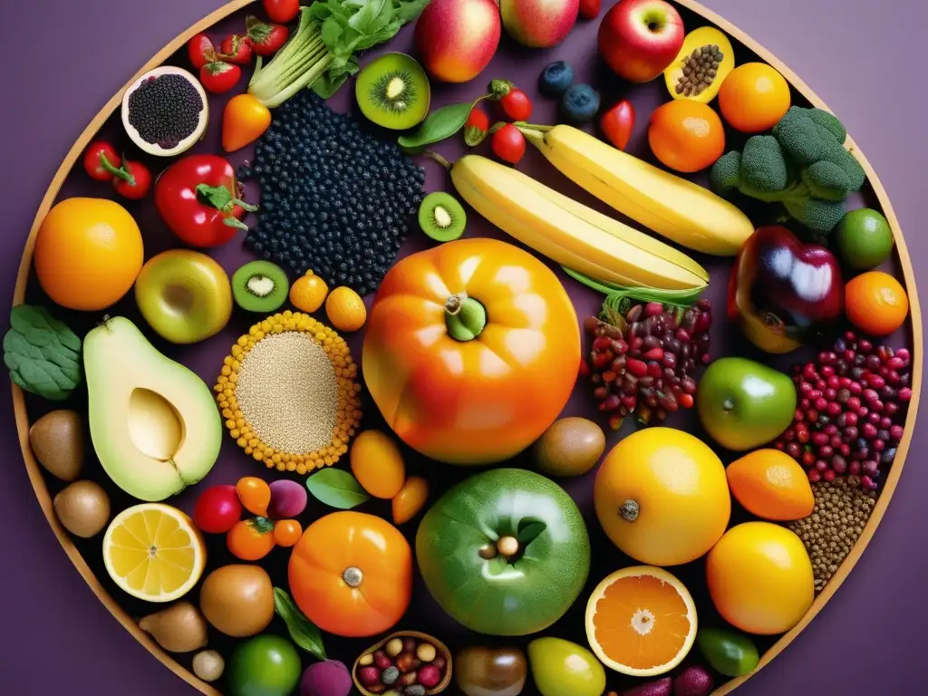 Espléndida diversidad de frutas, verduras y granos Una exuberante variedad de frutas, verduras, granos y legumbres dispuestos en un patrón circular, resaltando la biodiversidad alimentaria para mejorar la dieta y el planeta.