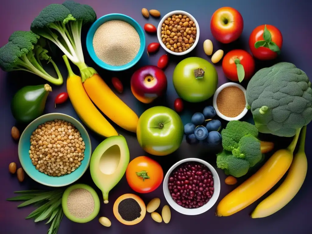 Variedad de alimentos frescos: frutas, verduras y granos Una exuberante variedad de frutas, verduras, granos y legumbres, exhibiendo la biodiversidad alimentaria para mejorar la dieta y el planeta.