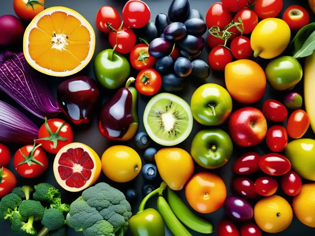 Arcoíris de Frutas y Verduras en Cocina Moderna Una exuberante variedad de frutas y verduras frescas se despliega en un patrón llamativo sobre la encimera de una cocina moderna, invitando a apreciar la abundancia de ingredientes sostenibles y nutritivos. Las gotas de agua resaltan su belleza natural.