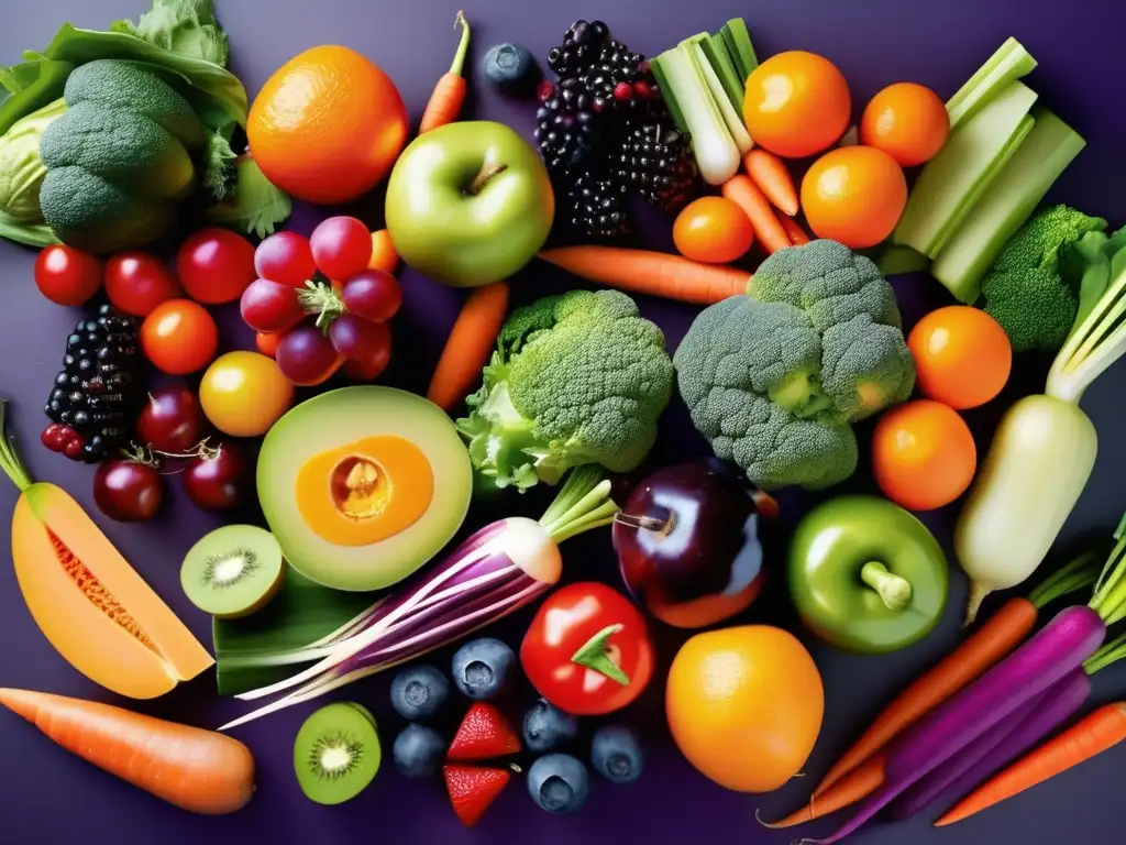 Una exuberante variedad de frutas y verduras frescas, resaltando la importancia de las vitaminas en la dieta.