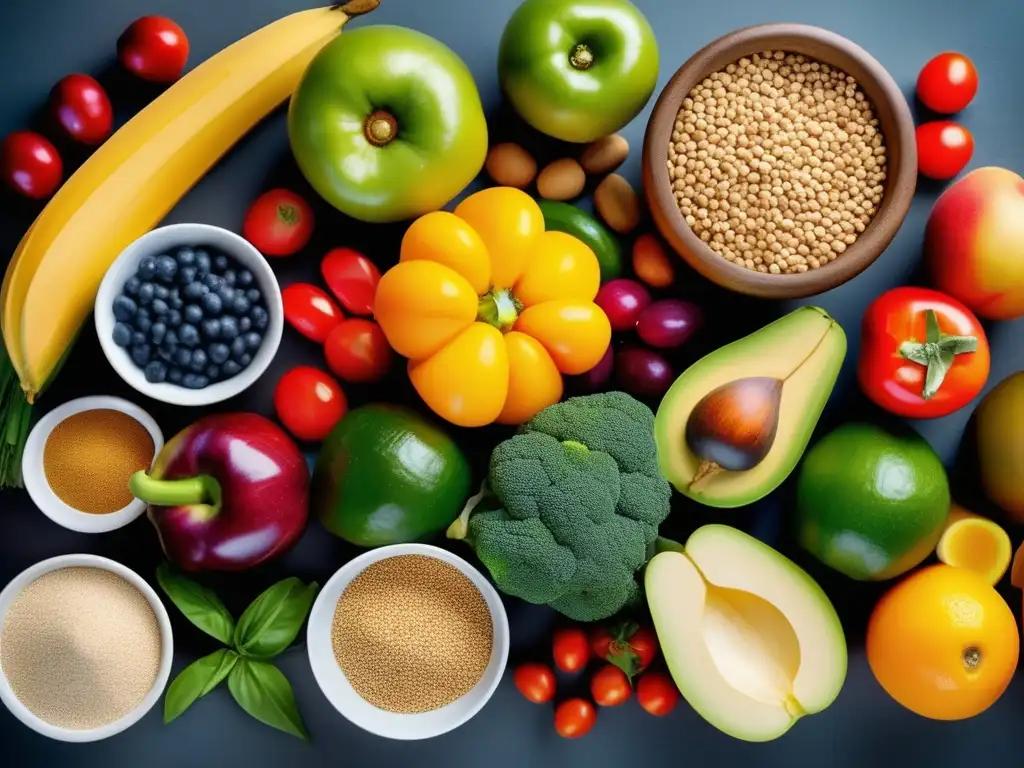 Una exuberante variedad de frutas, verduras, granos y legumbres frescos y coloridos, destacando la importancia de la diversidad alimentaria para la salud humana. <b>Consecuencias cambio climático en alimentación.