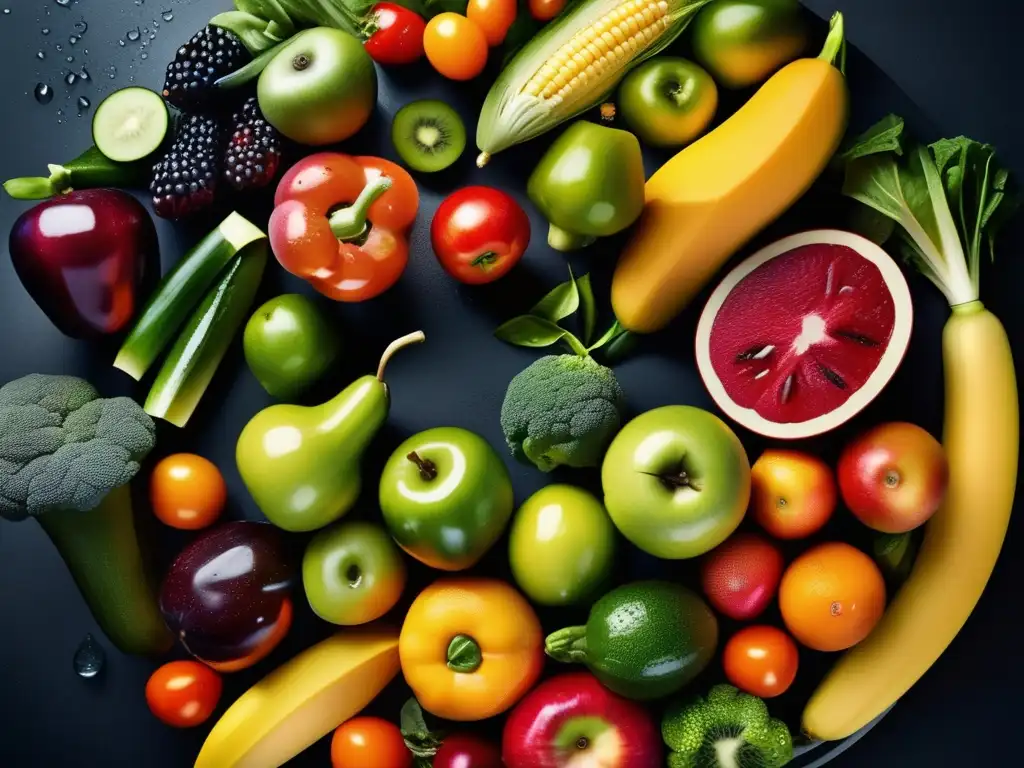 Una exuberante variedad de frutas y verduras frescas con gotas de agua sobre un fondo oscuro. <b>Importancia de la educación nutricional.