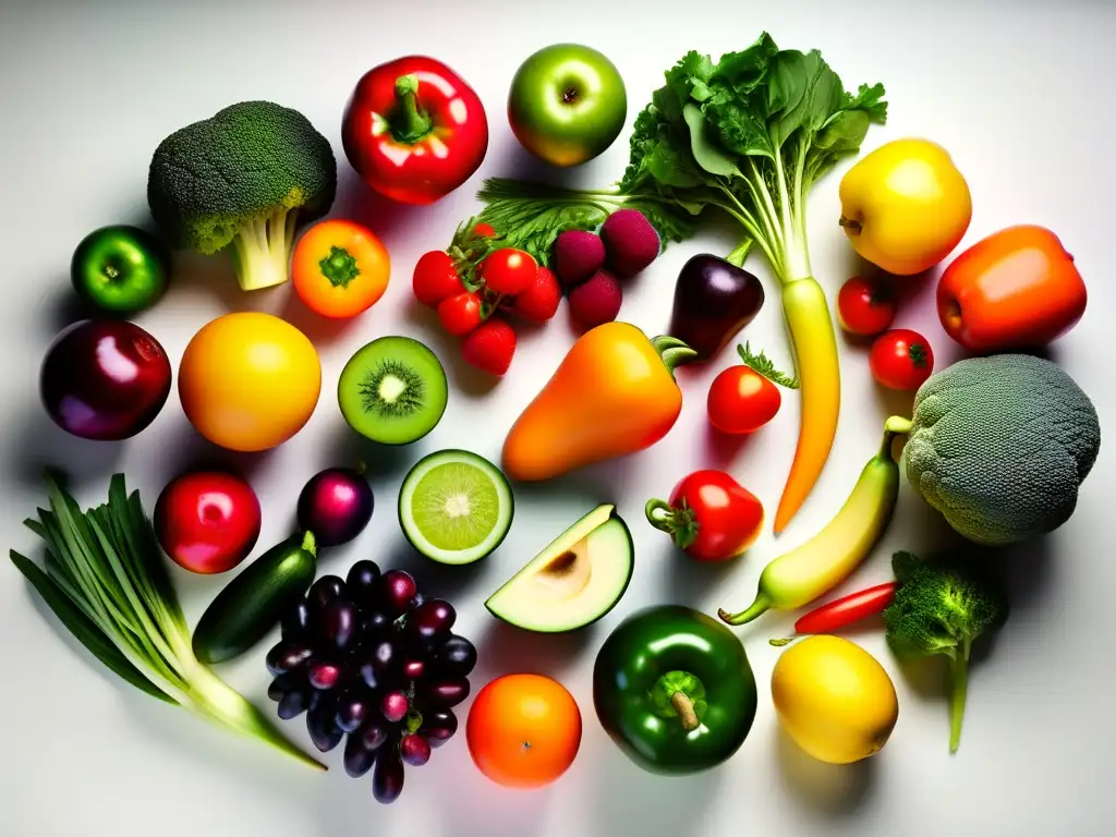 Una exuberante variedad de frutas y verduras se disponen en un patrón circular sobre una encimera blanca. La luz natural realza los colores vibrantes.