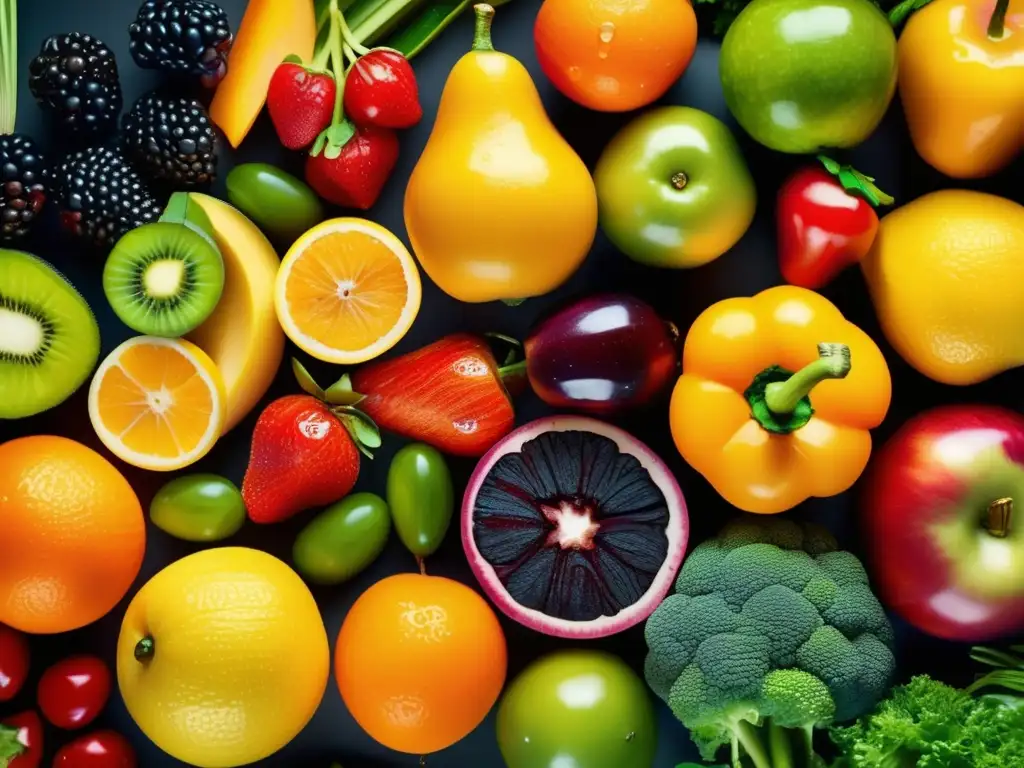 Una exuberante variedad de frutas y verduras frescas, con gotas de agua brillando sobre ellas. <b>Suplementación para alergias alimentarias.