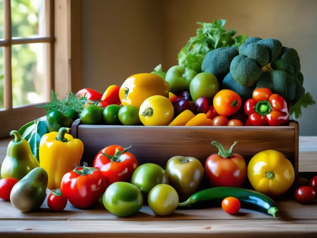 Una exuberante variedad de frutas y verduras mediterráneas frescas cuidadosamente dispuestas sobre una mesa rústica de madera. Los vibrantes colores rojos, verdes y amarillos de tomates maduros, pimientos, aceitunas y limones resaltan contra el telón de fondo terroso