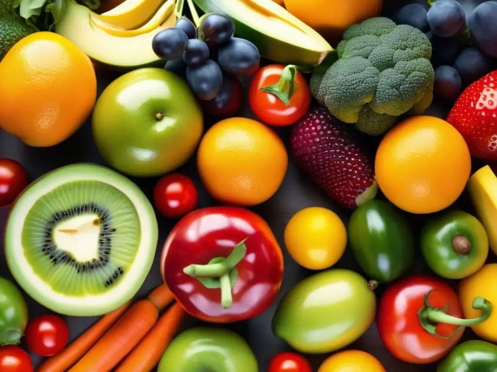 Una exuberante variedad de frutas y verduras frescas, con gotas de agua brillantes. <b>Dieta volumétrica para una vida saludable.