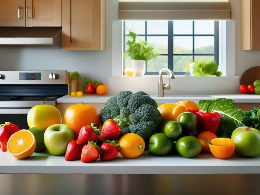 Una exuberante variedad de frutas y verduras frescas se exhiben en una moderna cocina, resaltando la importancia de la nutrición deportiva.