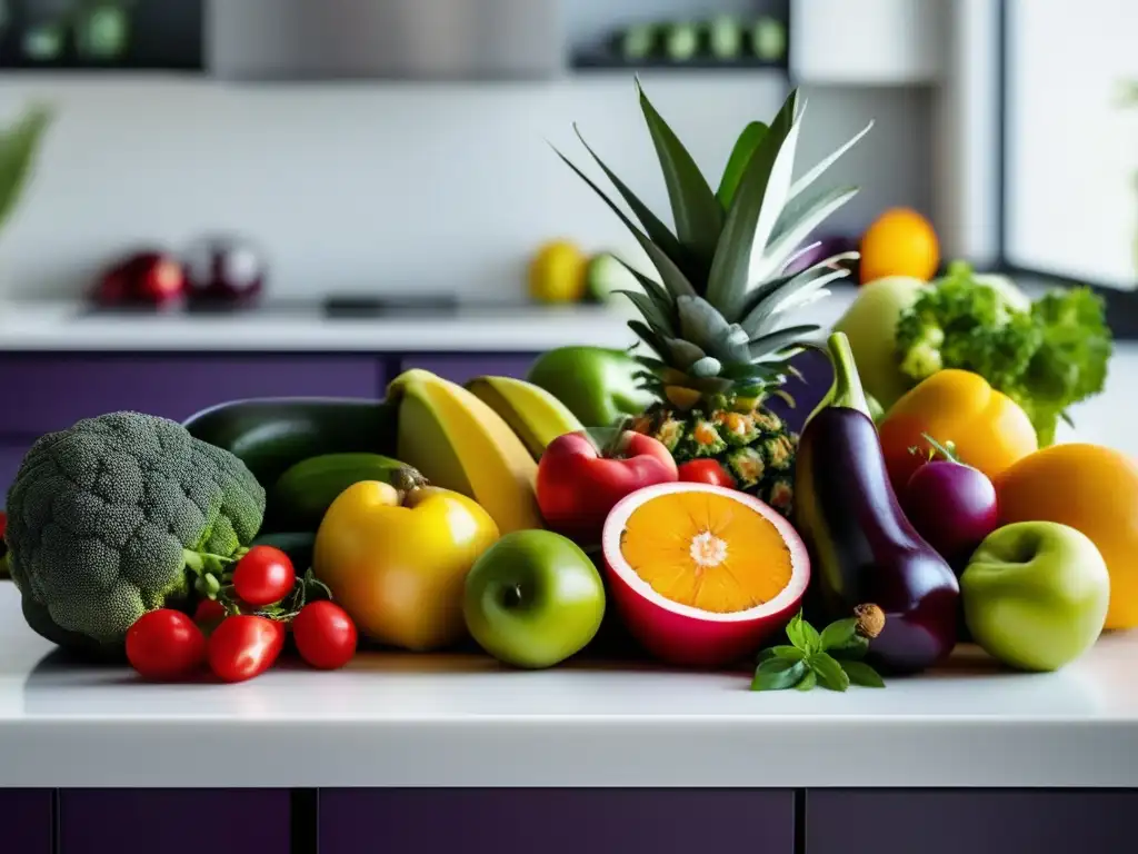 Una exuberante variedad de frutas y verduras frescas en una cocina moderna. Una tentadora transición al veganismo dieta paso a paso.