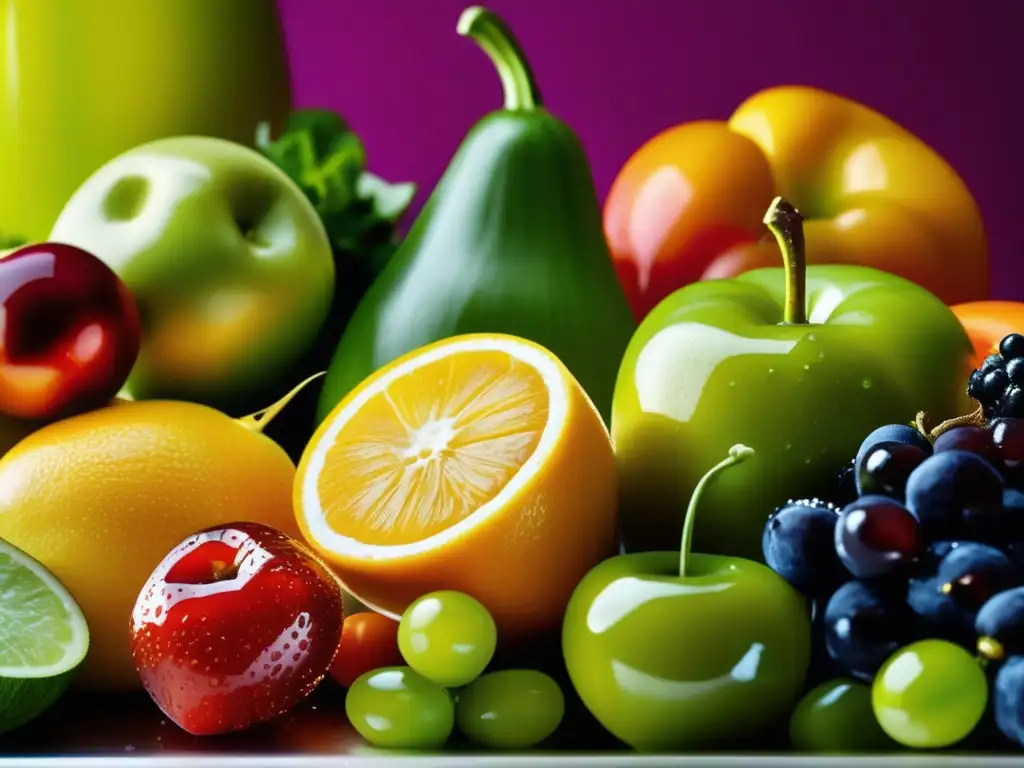 Una exuberante variedad de frutas y verduras frescas en una cocina moderna. <b>Detalles y colores vibrantes.</b> <b>Reducción consumo azúcar vida saludable.