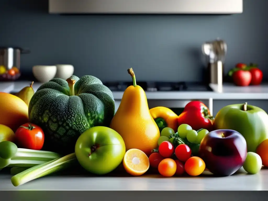 Una exuberante variedad de frutas y verduras frescas y orgánicas en una encimera de cocina moderna. <b>Recursos para alimentación consciente.