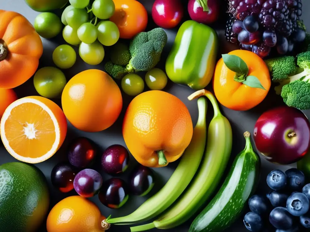 Una exuberante variedad de frutas y verduras frescas, brillantes y coloridas, en una encimera moderna. <b>Perfecto para pruebas online de nutrición y vida saludable.