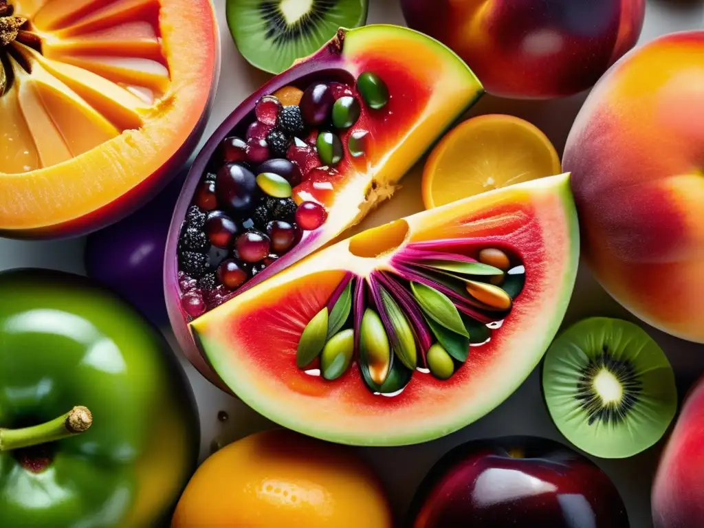 Una exuberante variedad de frutas y verduras frescas con agua brillante, destacando frescura y vitalidad. <b>Nutrigenómica para elecciones alimenticias.