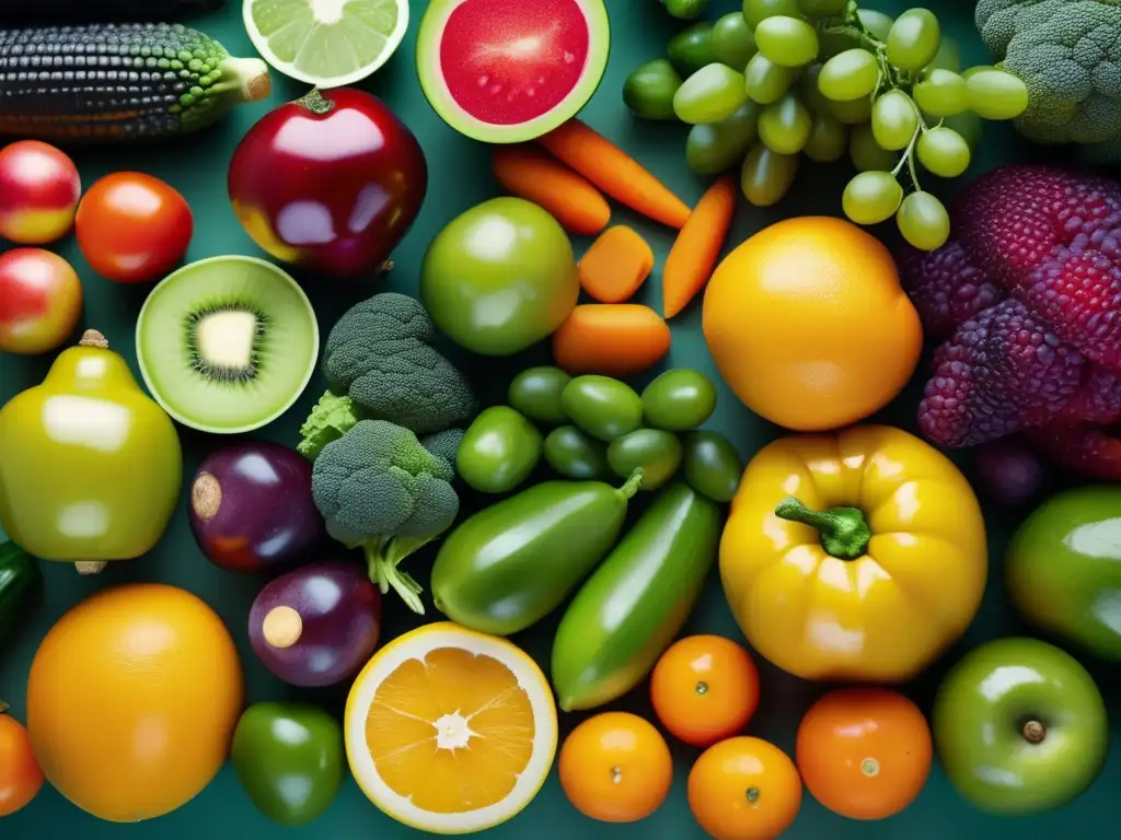 Una exuberante variedad de frutas y verduras en un patrón geométrico moderno, resaltando la diversidad y la nutrigenómica en alimentos saludables.