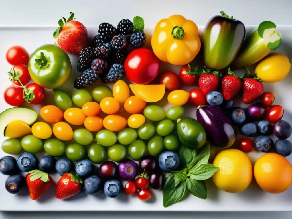 Una exuberante variedad de frutas y verduras frescas formando un arcoíris en una encimera de cocina moderna. <b>Beneficios de prebióticos y probióticos.