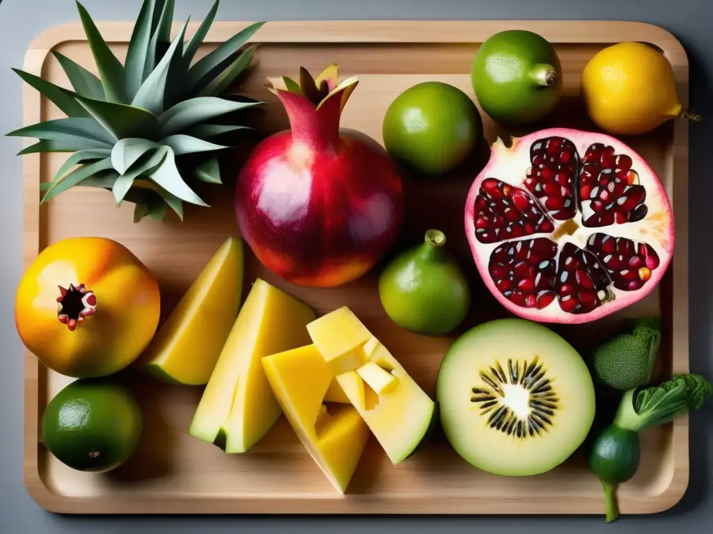 Una exuberante variedad de frutas y verduras en un elegante tablero de cortar, resaltando los beneficios de prebióticos y probióticos.