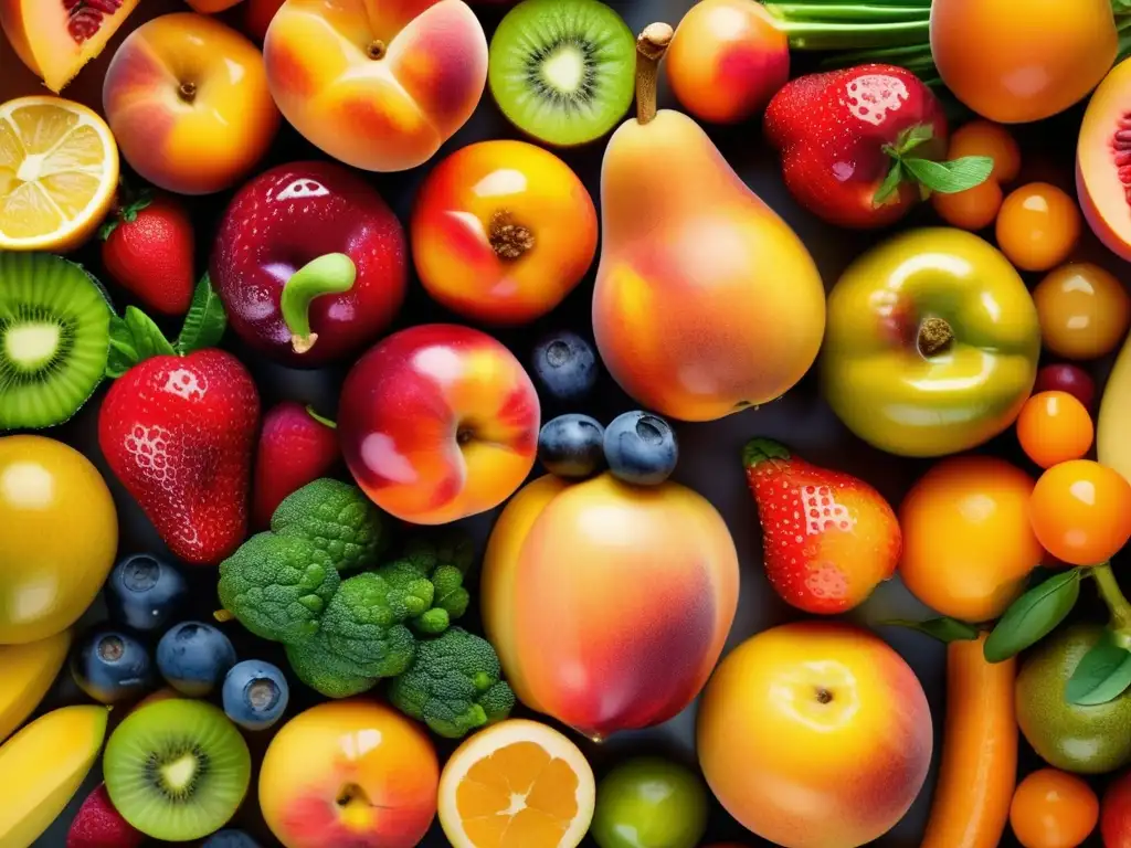 Una exuberante variedad de frutas y verduras frescas, con gotas de agua brillantes. Representa la nutrición antioxidante mitos y realidades.