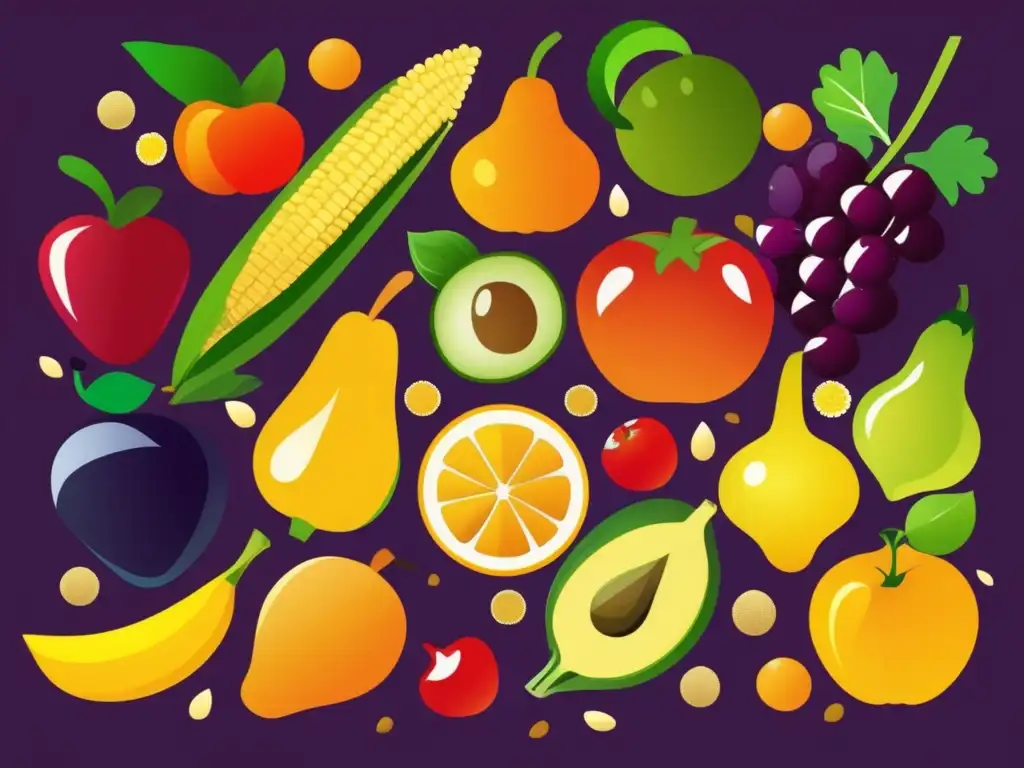 Una exuberante variedad de frutas, verduras y granos frescos, en una composición colorida y tentadora. <b>Beneficios y riesgos dietas eliminación.