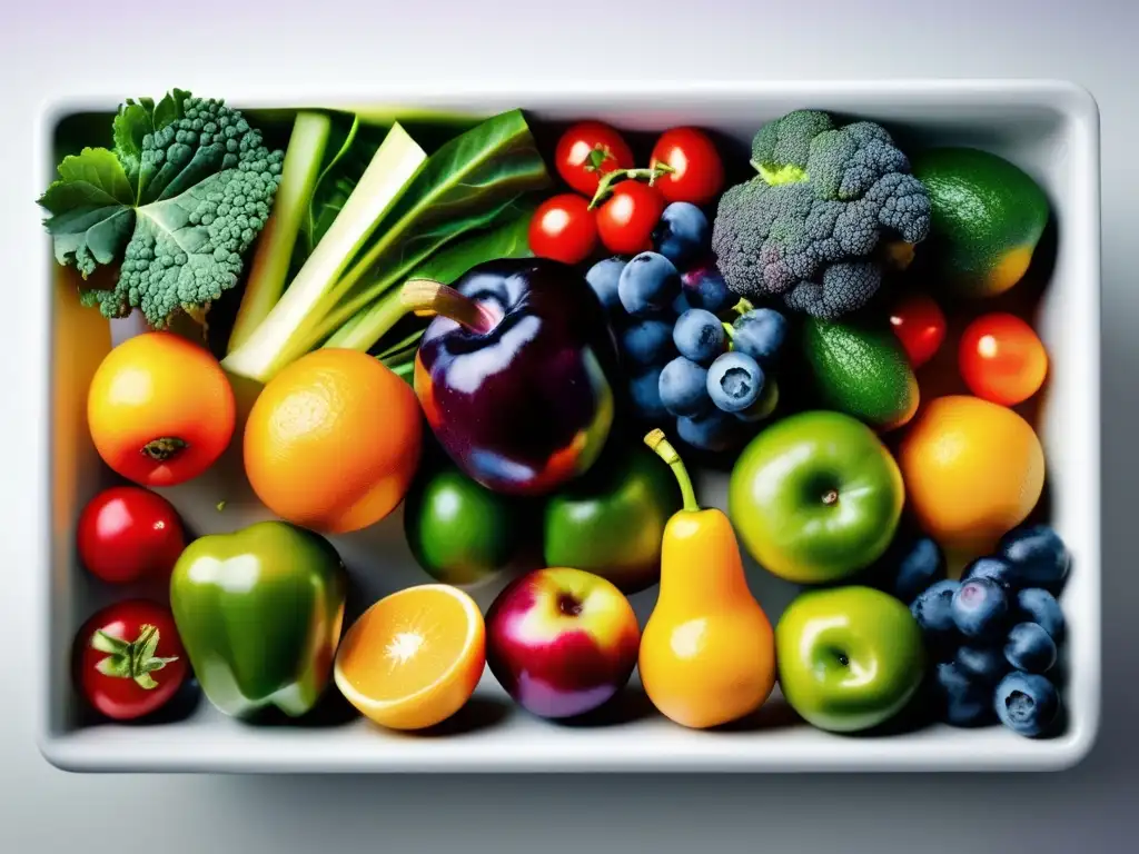 Una exuberante variedad de frutas y verduras frescas brillantes en una encimera minimalista blanca. <b>Detalles nítidos invitan a apreciar la abundancia de alimentos vegetales.</b> Diferencias entre dietas vegetarianas y omnívoras.