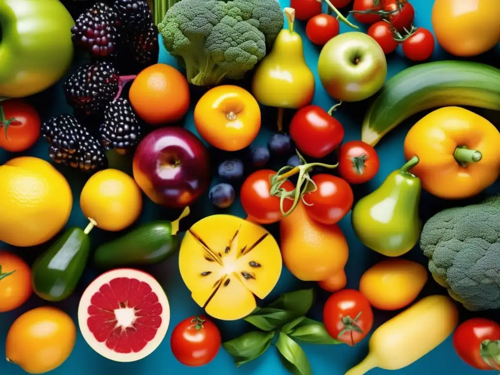 Una exuberante variedad de frutas y verduras frescas, dispuestas de manera atractiva para promover una alimentación saludable en niños.