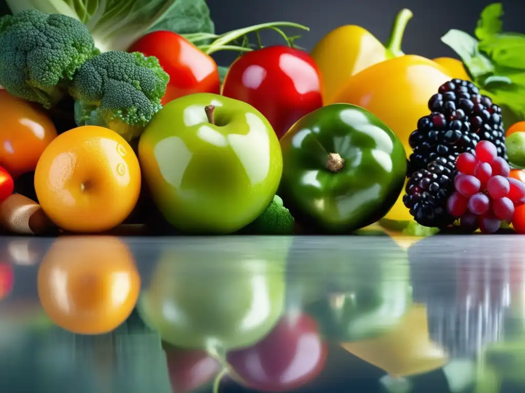 Una exuberante variedad de frutas y verduras frescas sobre una encimera moderna. <b>Alimentación para mejorar memoria y concentración.