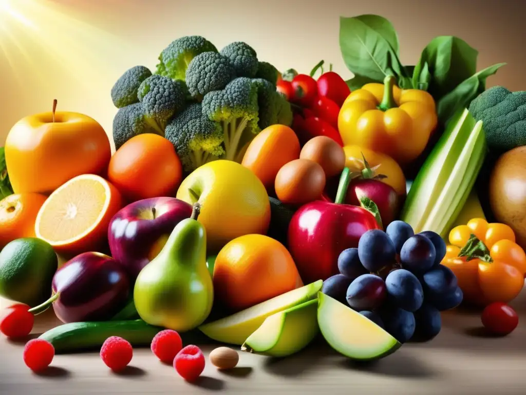 Una exuberante variedad de frutas y verduras frescas, bañadas por la cálida luz del sol. <b>Vínculo entre alimentación y felicidad.