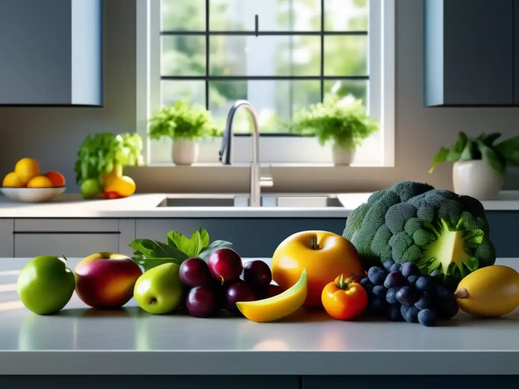 Un exuberante y vibrante arreglo de frutas, verduras y granos en una cocina moderna. <b>Invita a explorar la conexión entre la dieta y la microbiota intestinal.