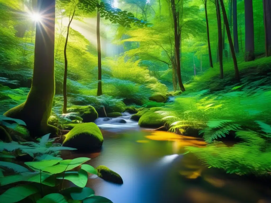 Un exuberante y vibrante bosque lleno de diversa vida vegetal, con luz solar filtrándose y creando sombras moteadas en el suelo del bosque. Un arroyo serpentea entre la maleza, reflejando la vegetación y añadiendo tranquilidad a la escena. Los colores son r