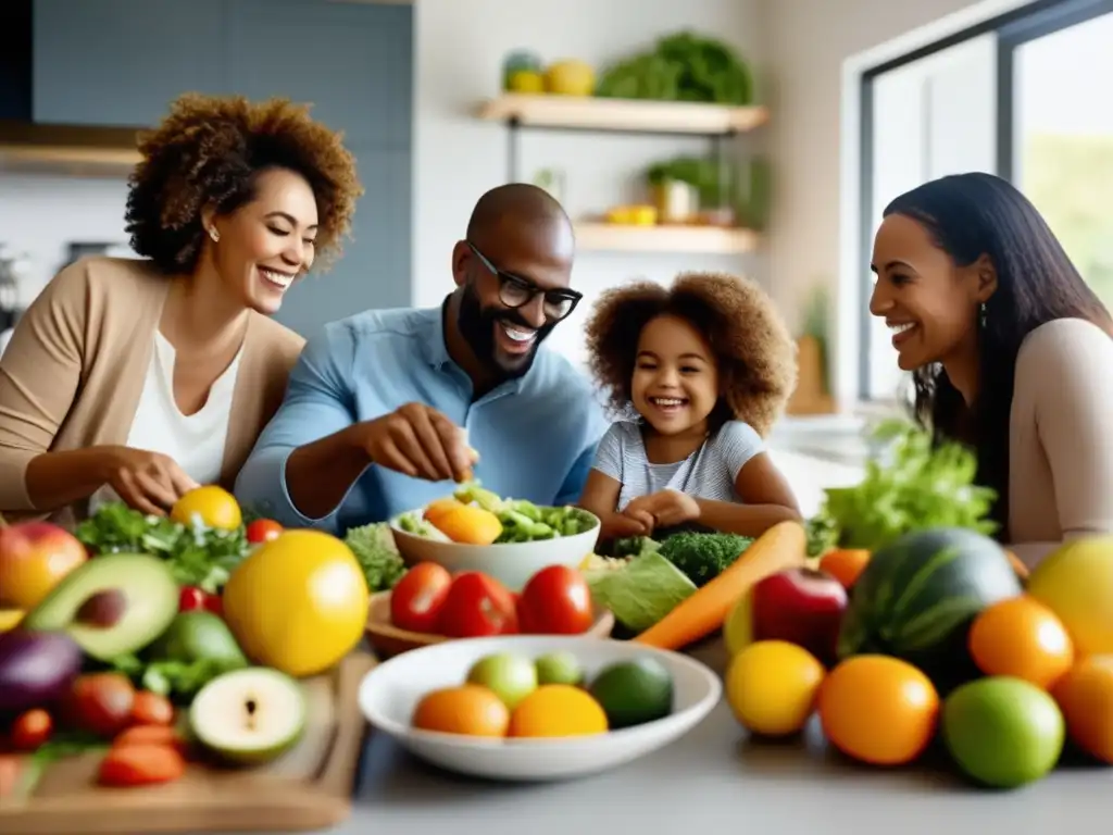 Una familia disfruta de una comida colorida y nutritiva juntos en la cocina, fortaleciendo el sistema inmunitario infantil.