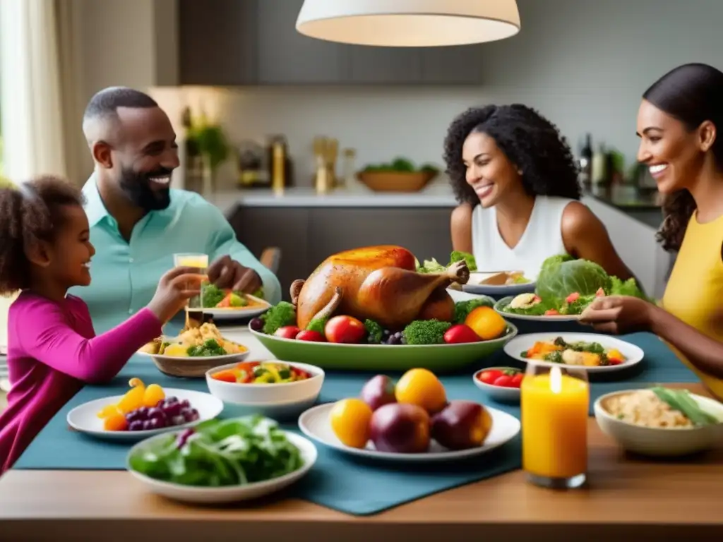 Una familia disfruta de una comida colorida y nutritiva, siguiendo la Planificación de menús saludables familiares. <b>El ambiente desprende calidez y unión en torno a la mesa.