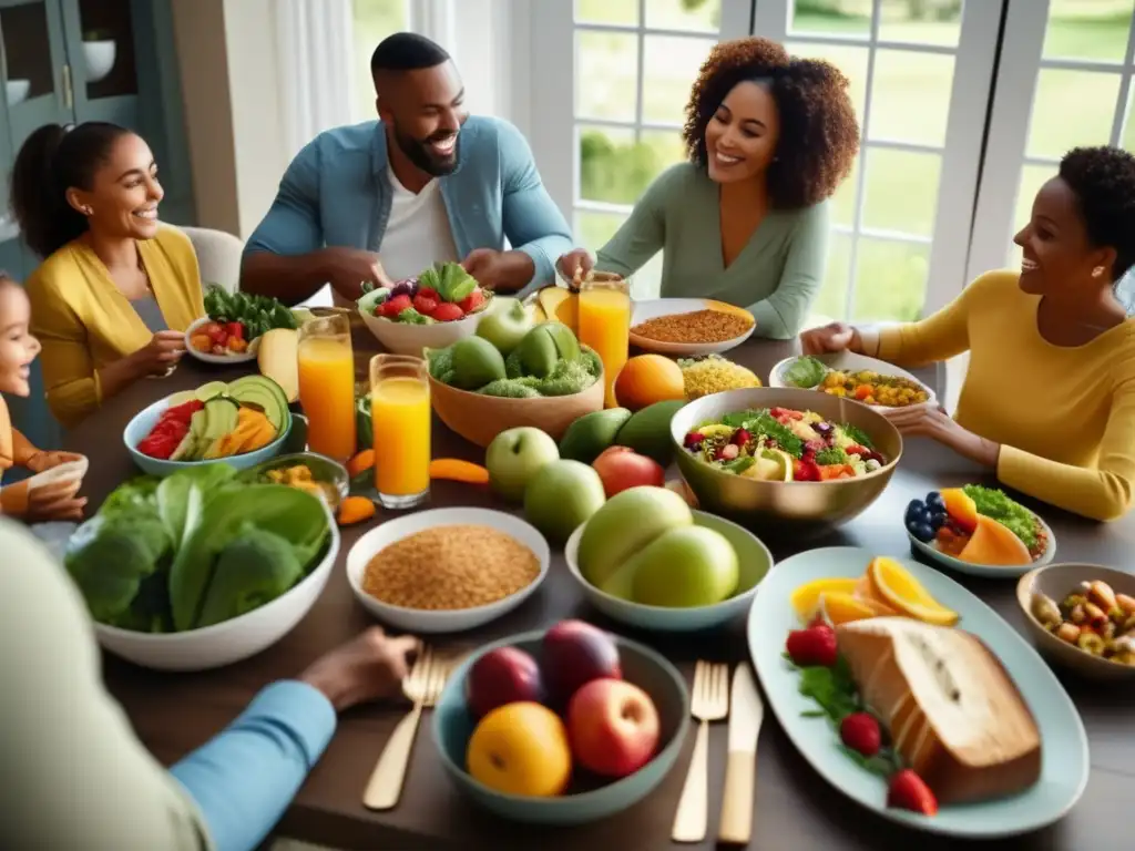 Una familia disfruta de una comida saludable y colorida juntos, mostrando calidez y felicidad. <b>Planificación de menús saludables familiares.