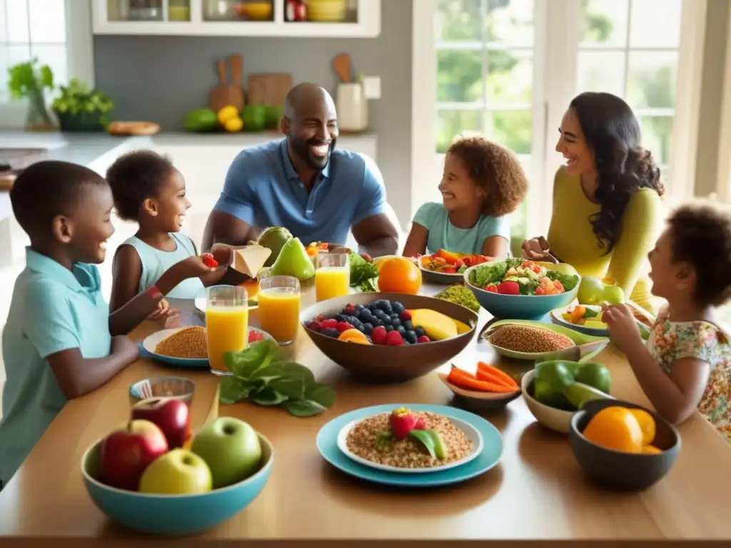 Una familia disfruta de una comida saludable y colorida juntos, promoviendo la prevención de trastornos alimentarios en niños.